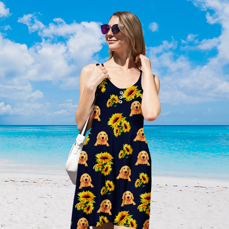 Dog Sunflower Pattern Navy - Personalized Custom Strap Dress
